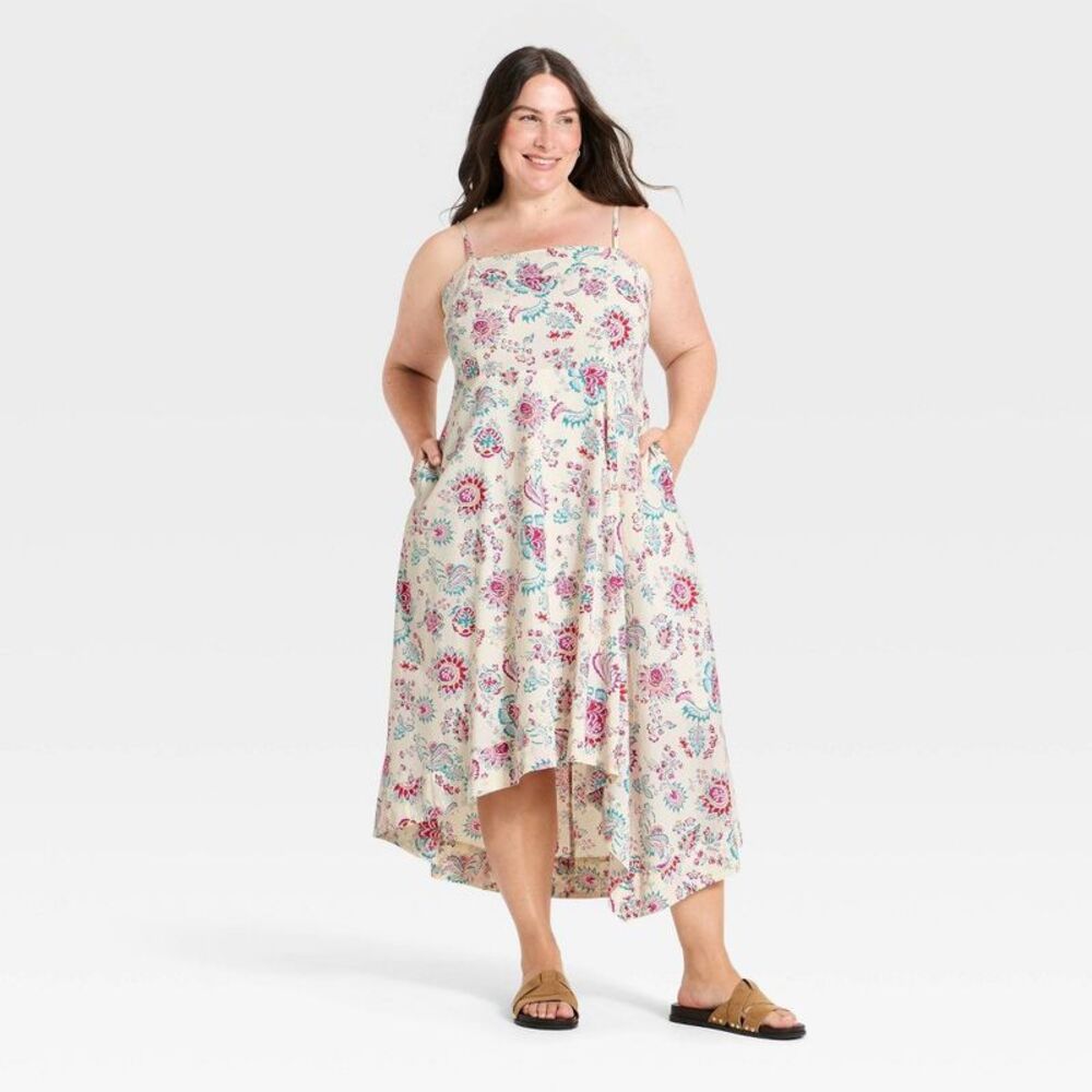 Women's Asymmetrical Midi Sundress -  Cream Floral 2X: Cottagecore